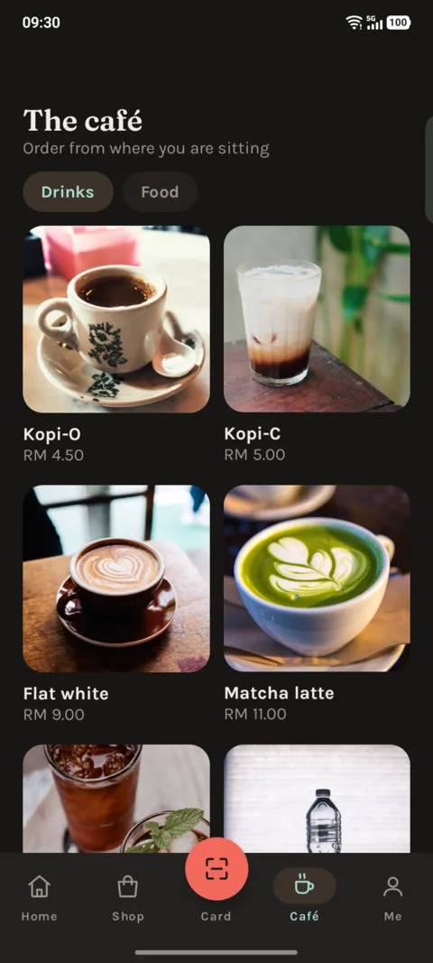 Cafe menu in the app