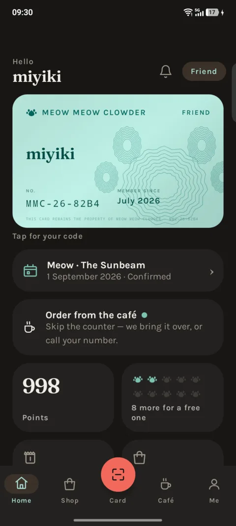 App home screen with member card and points
