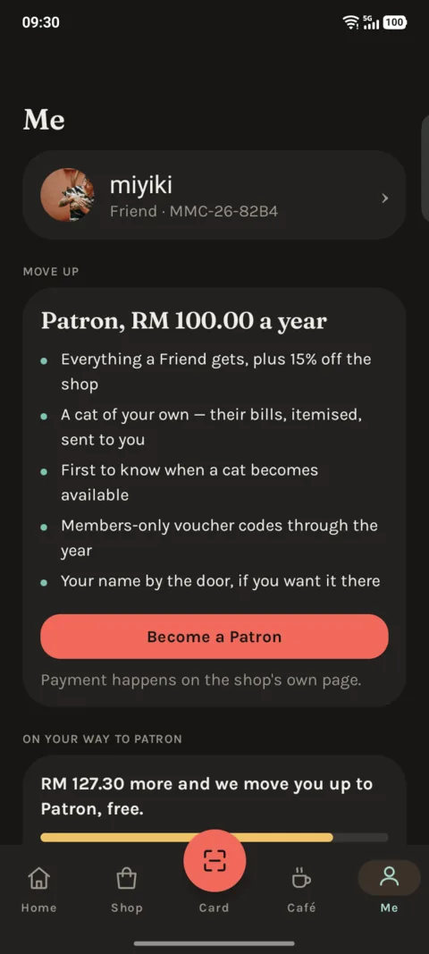 Member account and tier screen