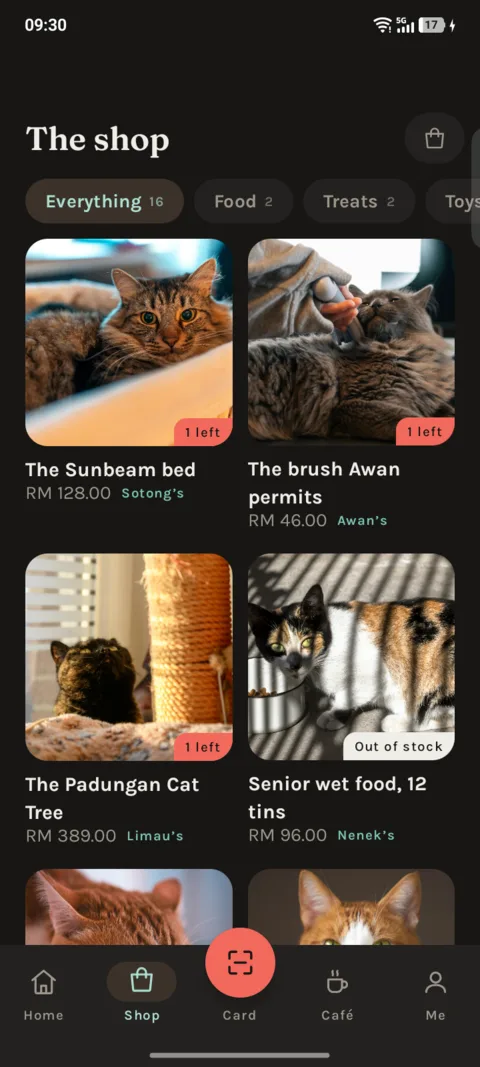 Shop listing in the app