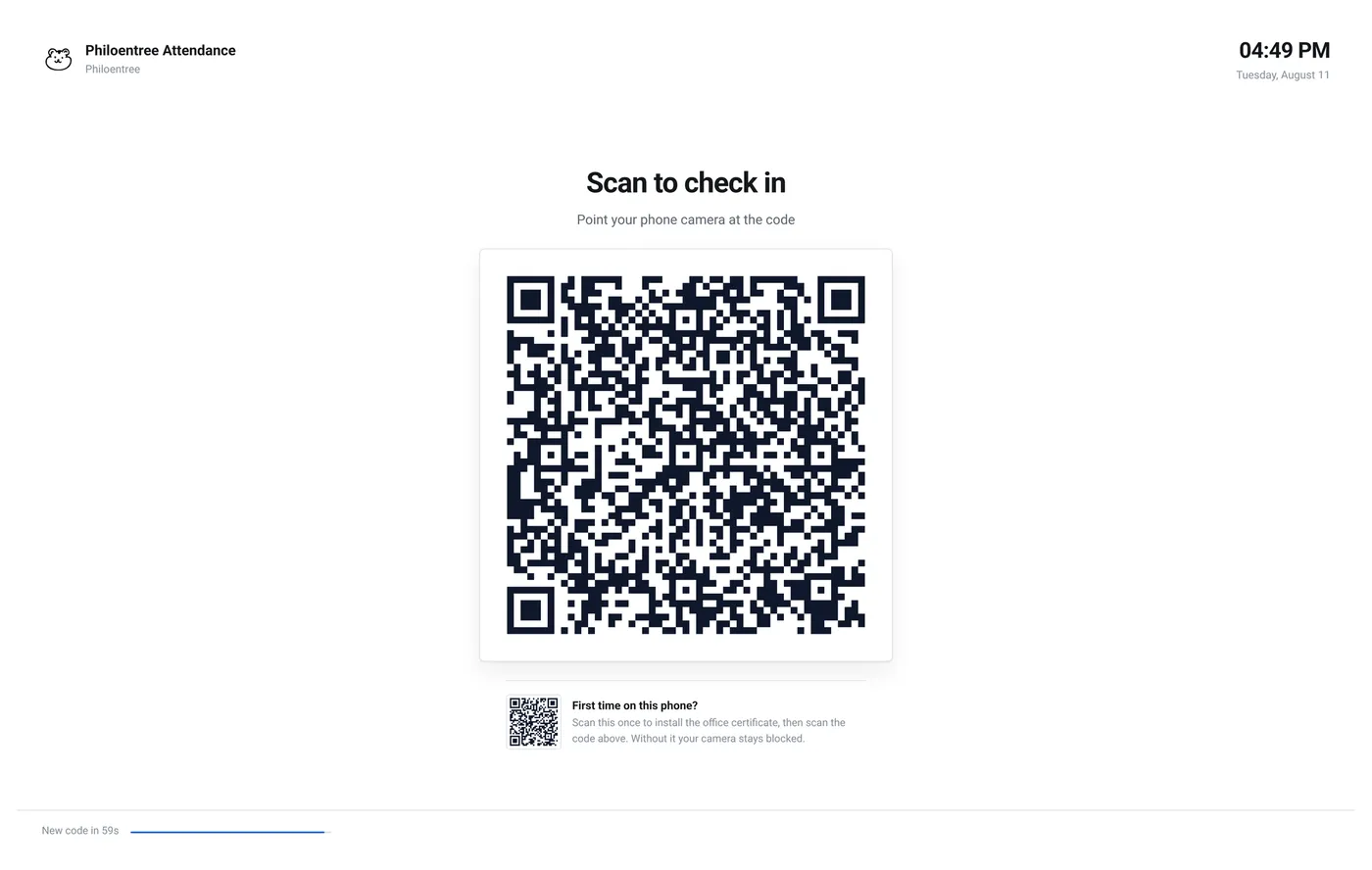 The door screen showing a rotating check-in code
