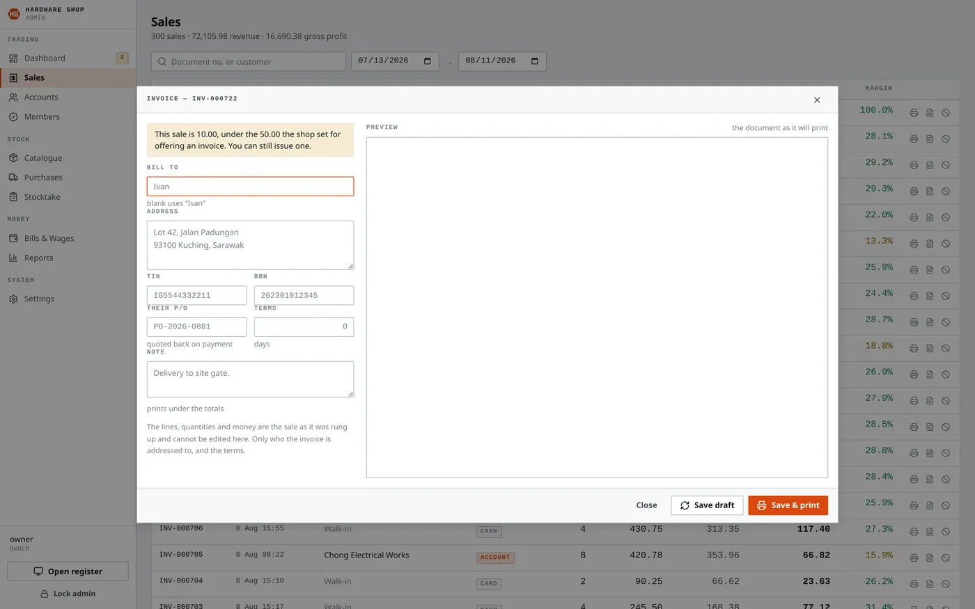 Invoice editor with live preview