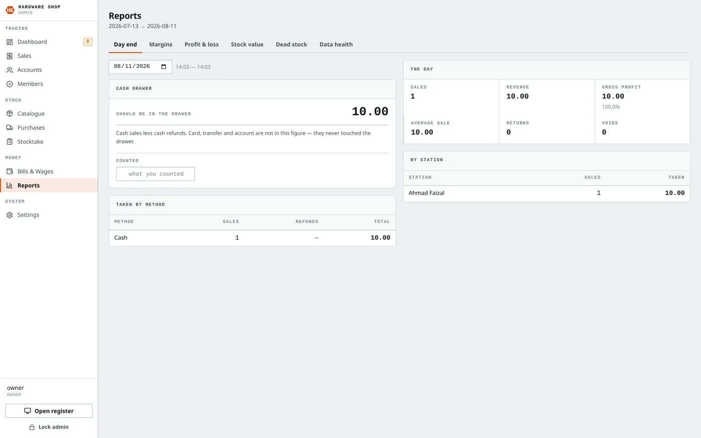 Reporting screen