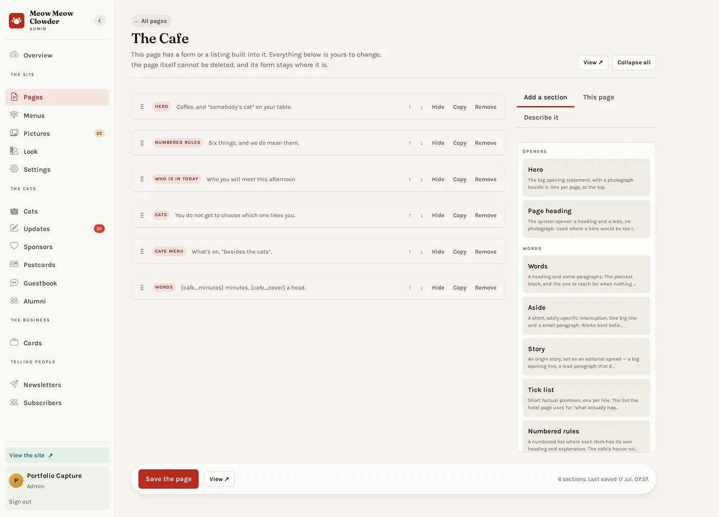 The section-based page editor