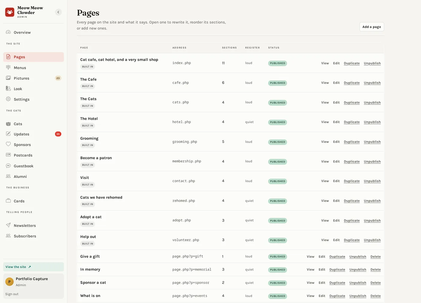 List of pages in the back office