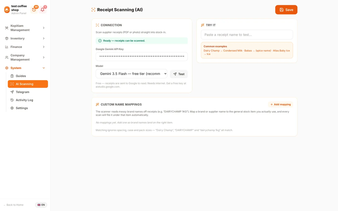 Supplier receipt being read by the Gemini API